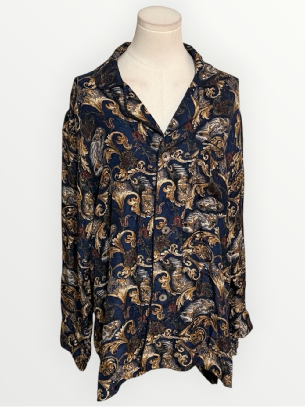 Nordstrom Silk Pajama PJ Top Navy Gold Paisley Button Front Shirt Jacket Style M